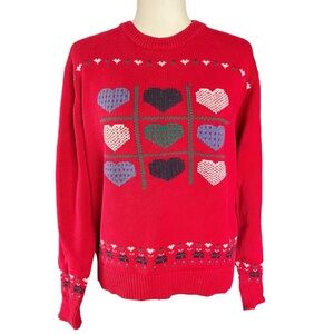 Vintage Eddie Bauer Cotton Knit Sweater Red Heart Cottagecore Womens Med Petite